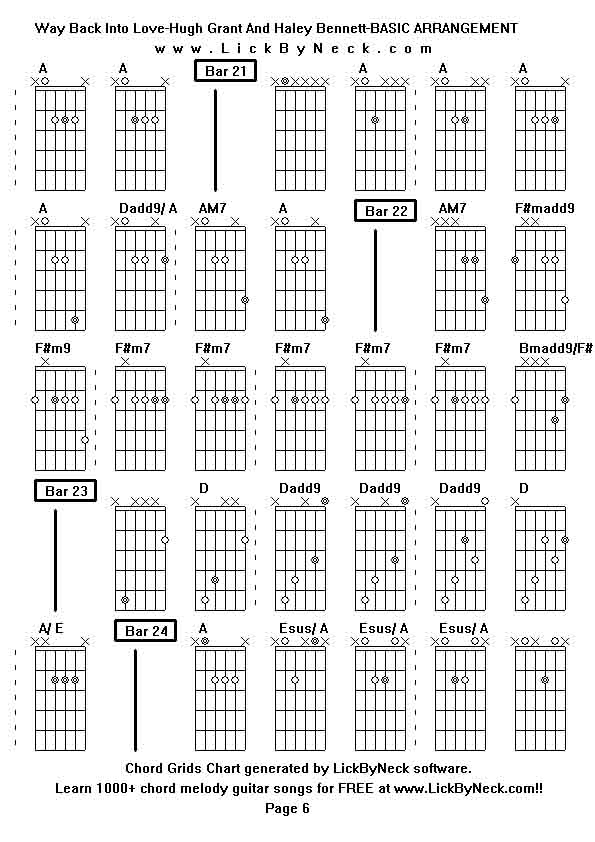 Chord Grids Chart of chord melody fingerstyle guitar song-Way Back Into Love-Hugh Grant And Haley Bennett-BASIC ARRANGEMENT,generated by LickByNeck software.